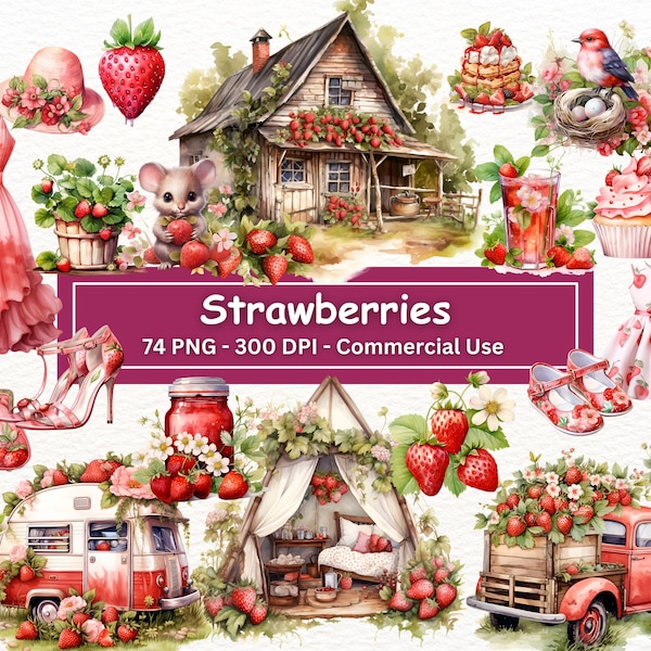 Watercolor Strawberry Clipart Bundle, PNG Set Of 74,  Strawberries  Clip Art, Rustic Pie, Gnome, Cake, Fruit Basket, Garden, Commercial Use