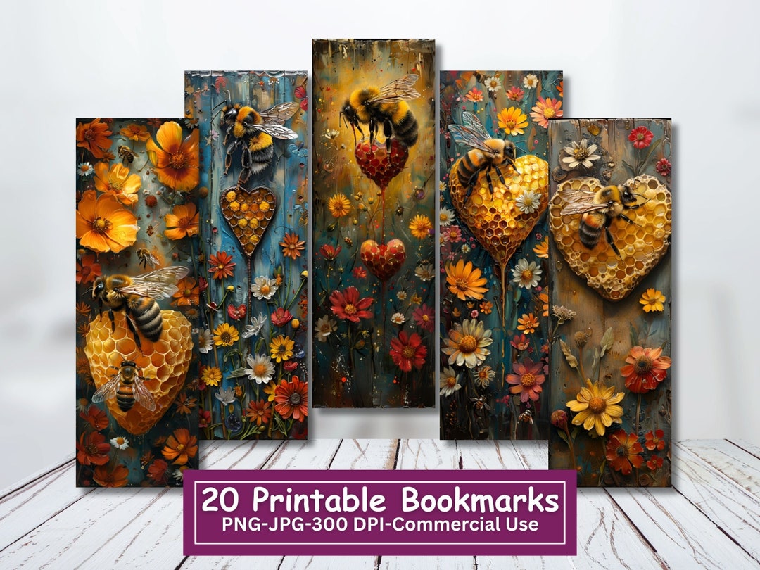 Floral Bee Honeycomb Hearts Printable Bookmarks: PNG/JPG Bundle ...