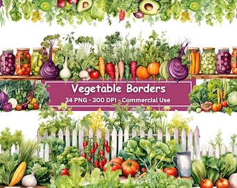 Watercolor Vegetable Borders: Veggie Garden PNG Clipart (Digital Download)