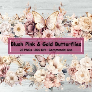 Blozen roze en gouden bloemen vlinder clipart bundel, 22 PNG set, aquarel vlinder bloem kwekerij illustraties, kaart maken, uitnodigingen