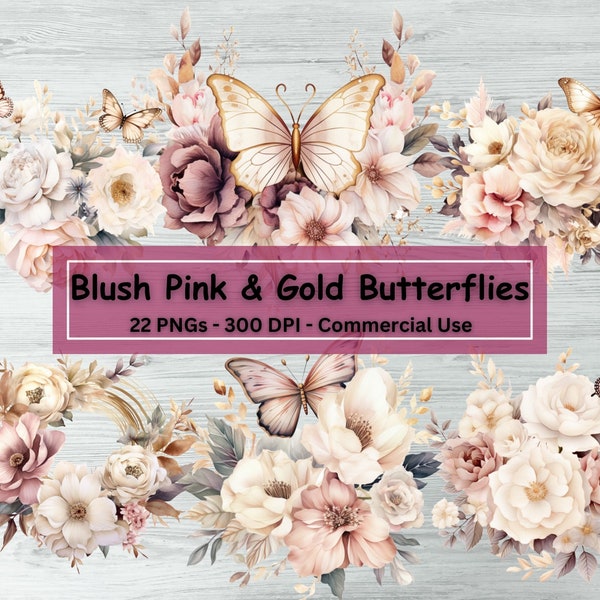 Blush Pink And Gold Floral Butterfly Clipart Bundle, 22 PNG Set, Watercolor Butterfly Flower Nursery Clip Art, Card making, Invitations