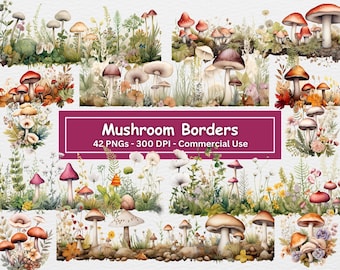 Watercolor Mushroom Border Clipart: 42 PNG Set (Digital Download)
