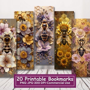 Fantasy Bee Printable Lesezeichen-Bundle, Set mit 20 PNG / JPG, Blumenbienen Sublimation, Cricut, Silhouette Print und Schnitt
