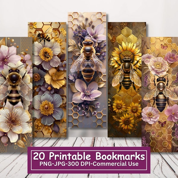 Fantasy Bee Printable Bookmarks Bundle, Set Of 20 PNG/JPG, Floral Bees Sublimation,  Cricut,  Silhouette Print And Cut