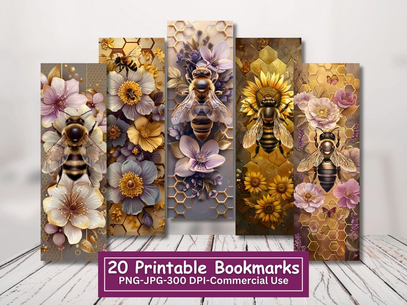 Floral Bee Printable Bookmarks: Fantasy Art, Set of 20 (PNG/JPG) - Etsy