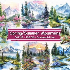 Mountain Lake Watercolor Clipart Bundle, Spring/Summer, 34 PNG Set, Digital Download, Card Making, Mixed Media, Digital Paper Craft