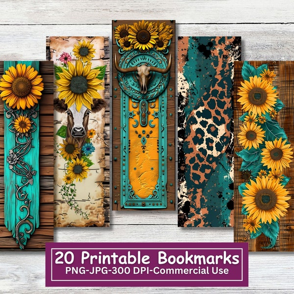 Printable Sunflower & Teal Western Style Bookmarks Bundle, Set Of 20,  Print And Cut Sheets, Floral PNG Sublimation, Commercial Use