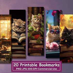 Schattige katten met boeken afdrukbare bladwijzerbundel, JPG print- en knippagina's, 20 PNG-bladwijzersublimatie, katten lezen, commercieel gebruik