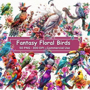 Fantasie bloemen vogels clipart bundel, PNG set van 50, Peacock, Bluebird, Toucan, Waxwing, kardinaal, Toucan, Parrot, Bluejay, Macaw