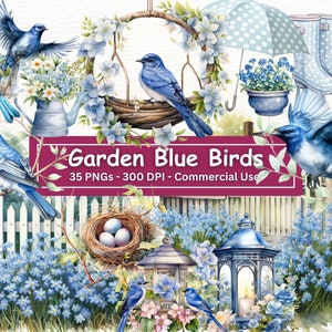 Aquarel Blue Bird Garden Clipart, 35 PNGs, Kwekerijkunst, Digitale Download, Kaart maken, Digitale Papierambachten, Sublimatie, Commercieel Gebruik