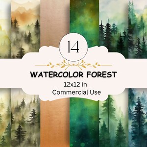 Può includere: Un set di 14 sfondi digitali di foresta ad acquerello. Ogni sfondo presenta una scena di foresta nebbiosa con una varietà di tonalità verdi e marroni. Gli sfondi misurano 30,5 x 30,5 cm e sono per uso commerciale.