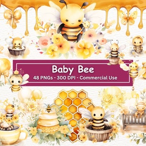 Acquerello Baby Honey Bee Clipart, Cute Bee PNG Set di 48, Bee Baby Shower Clipart, Bumble Bee, Alveare, Favo, Fiori, Uso commerciale