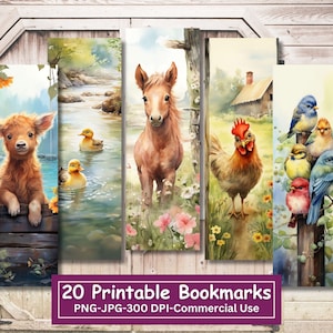 May include: Set of 20 printable bookmarks featuring watercolor illustrations of farm animals, including a calf, a horse, a rooster, and birds. The bookmarks are designed for commercial use.