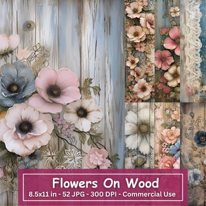 Madera con flores y encaje páginas de diario basura imprimibles, conjunto de 52 JPG, medios mixtos de papel de fantasía, scrapbooking, papel en mal estado, descarga digital