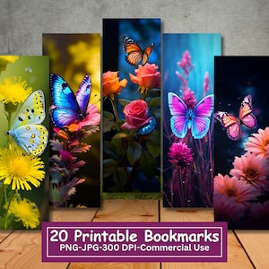 Schmetterlingsblumen druckbare Lesezeichen bündeln, Satz 20 PNG / JPG, Sublimation, Cricut, Silhouette Druck und Schnitt, kommerzielle Nutzung