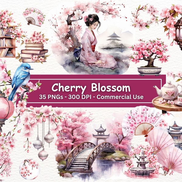 Bundle de cliparts aquarelle fleurs de cerisier, lot de 35 PNG, fond Transparent, clipart arbre Sakura, branches de fleurs de cerisier, usage commercial