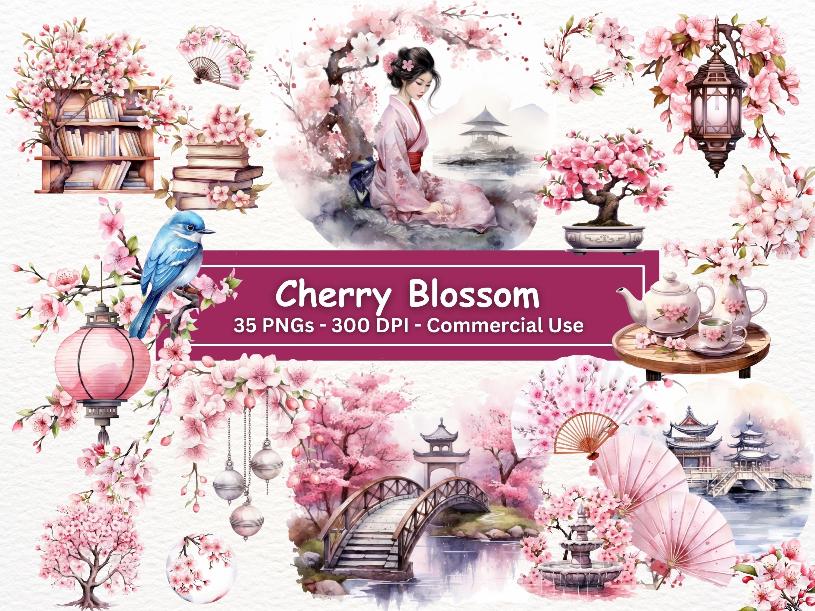 Watercolor Cherry Blossom Clipart Bundle, Set Of 35 PNGs, Transparent Background,Sakura Tree Clip Art,Cherry Blossom Branches,Commercial Use