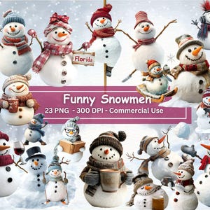 Watercolor Funny Snowman Clipart Bundle, Humorous Winter Clip Art, 23 PNGs, Junk Journal,  Digital Planner, Collage Images, Card Making