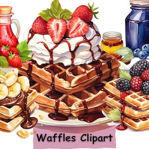 Waffeln Frühstück Clipart Bundle, Set von 15 PNGs, Pfannkuchen, Brunch Clip Art, Aquarell Essen Clipart für Sublimation, kommerzielle Nutzung