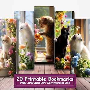 Lot de 20 marque-pages imprimables chats avec fleurs, marque-page chat mignon, feuilles JPG, sublimation PNG, impression et découpe, usage Commercial