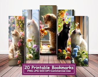 Cats With Flowers Printable Bookmarks: Set of 20 (JPG, PNG)