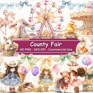 County Fair aquarel clip art bundel, 60 PNG set, kinderkunst, cowgirl carnaval clipart, cowgirl, carrousel, reuzenrad, paard,