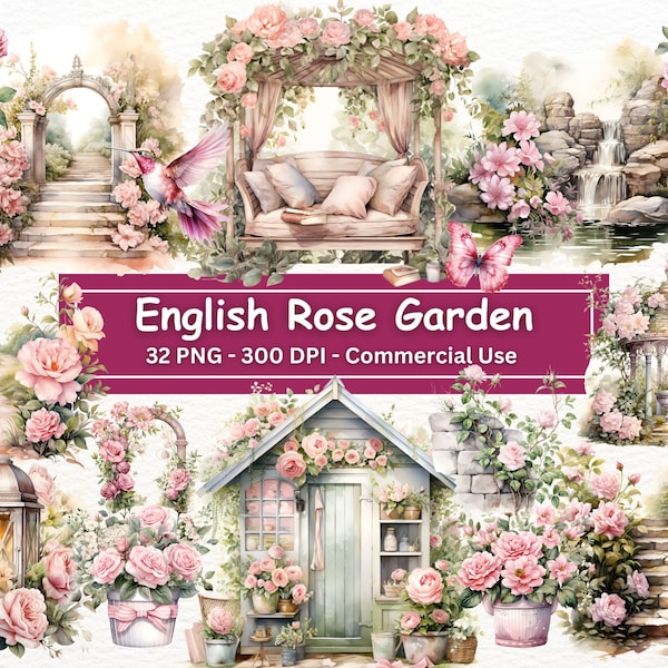 Pink English Garden Roses Clipart Bundle,Set Of 32 Floral PNGs,Transparent Background,Spring Clipart,Sublimation, Digital Paper Craft
