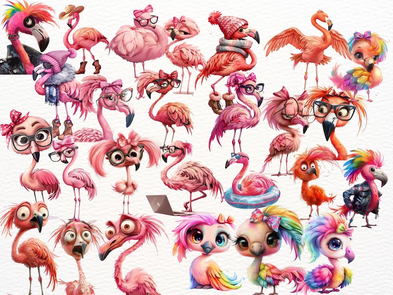 May include: A collection of 25 cartoon flamingos in various poses and outfits. Some flamingos are wearing glasses, hats, and other accessories. The flamingos are all pink and have long, thin legs.