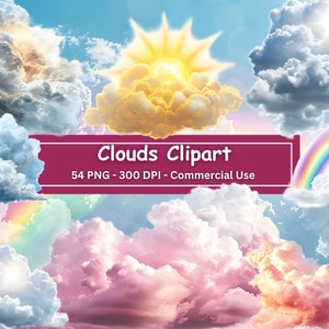 Wolken clipart bundel, 54 PNG set, pastel hemel, stormwolken met bliksem, zon, maan, regenbogen, collage-elementen, transparante achtergrond