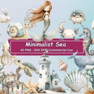 Mermaid Sea Creatures Clipart, Set aus 42 PNGs, Korallen, Fische, Meerestiere, Tintenfische, Quallen, Wale, Delfine, kommerzielle Nutzung