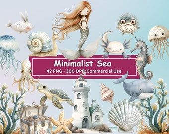 May include: A set of 42 watercolor illustrations of sea creatures, including a mermaid, a seahorse, a snail, a jellyfish, a turtle, a whale, and a starfish. The illustrations are in a minimalist style and are perfect for use in digital or printed projects.
