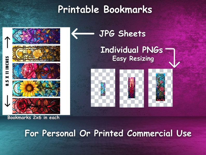 Stained Glass Flowers Printable Bookmarks: 20 PNG/JPG Designs (digital ...
