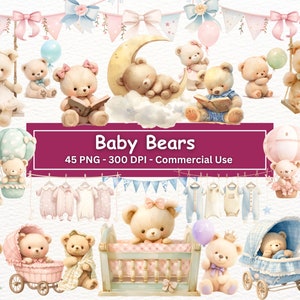 Paquete de imágenes prediseñadas de oso de peluche de acuarela, niño, niña, clip art de baby shower, cuna de oso lindo, cochecito, columpio, trona, luna, invitaciones, fabricación de tarjetas