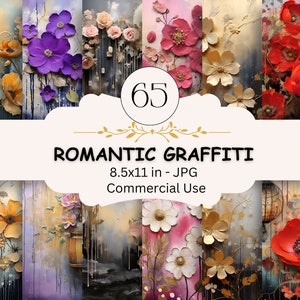 May include: A collage of 65 digital art prints featuring romantic floral designs in shades of red, pink, purple, and yellow. The prints are 8.5x11 inches and are for commercial use.