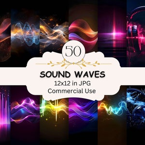 Paquete de papel digital Sound Waves, conjunto de 50 JPG, fondos de sonido musical y ondas de luz, ecualizadores, auriculares para DJ, energía de sonido de neón