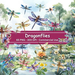 Bundle de cliparts libellules aquarelle, 65 PNG, libellule avec fleurs, étang Clip Art, fabrication de cartes, créations numériques en papier, téléchargement immédiat