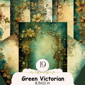 Green Victorian Printable Paper, Vintage Digital Paper, Junk Journal,  Ephemera, Scrapbooking Supplies,  Instant Download, Commercial Use