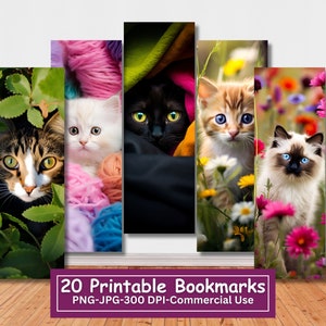 Lot de signets imprimables chatons coucou, lot de 20 signets chat mignon, feuilles JPG, sublimation PNG, impression et découpe, usage Commercial