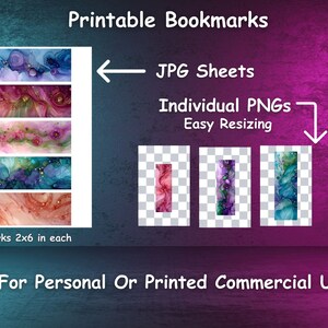 Op de afbeelding: Printbare bladwijzers met abstracte aquarelontwerpen in tinten paars, roze, blauw en goud. De bladwijzers zijn 2x6 inch en worden geleverd op een vel van 8,5x11 inch. De afbeelding toont individuele PNG-bestanden voor eenvoudig formaat wijzigen.