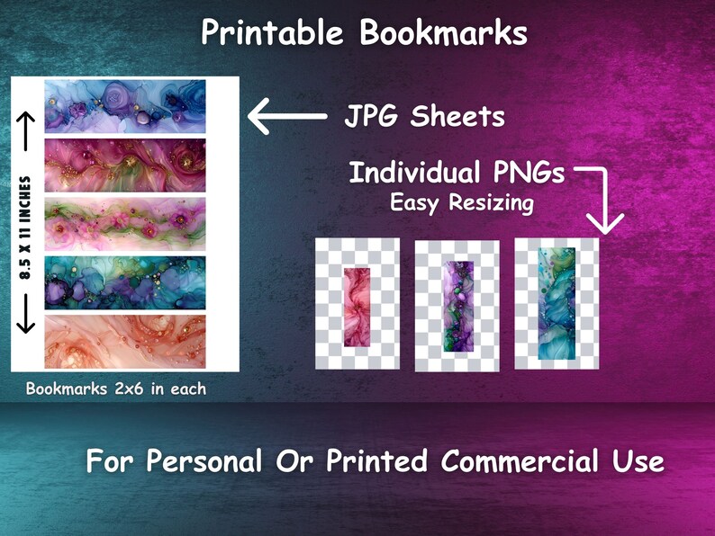 Op de afbeelding: Printbare bladwijzers met abstracte aquarelontwerpen in tinten paars, roze, blauw en goud. De bladwijzers zijn 2x6 inch en worden geleverd op een vel van 8,5x11 inch. De afbeelding toont individuele PNG-bestanden voor eenvoudig formaat wijzigen.