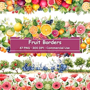 Bordes de frutas en acuarela, conjunto de 47 PNG, árboles frutales, elementos de borde de álbum de recortes, sandía, limón, limas, guayaba, manzanas, bayas