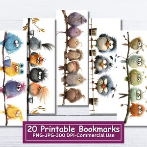 Quirky Birds Printable Bookmarks Bundle, zestaw 20 PNG/JPG Funny Birds Bookmark Designs, sublimacja, drukowanie i cięcie, do użytku komercyjnego