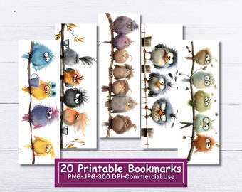 Funny Birds Printable Bookmarks: Whimsical Designs (PNG/JPG Digital Download)