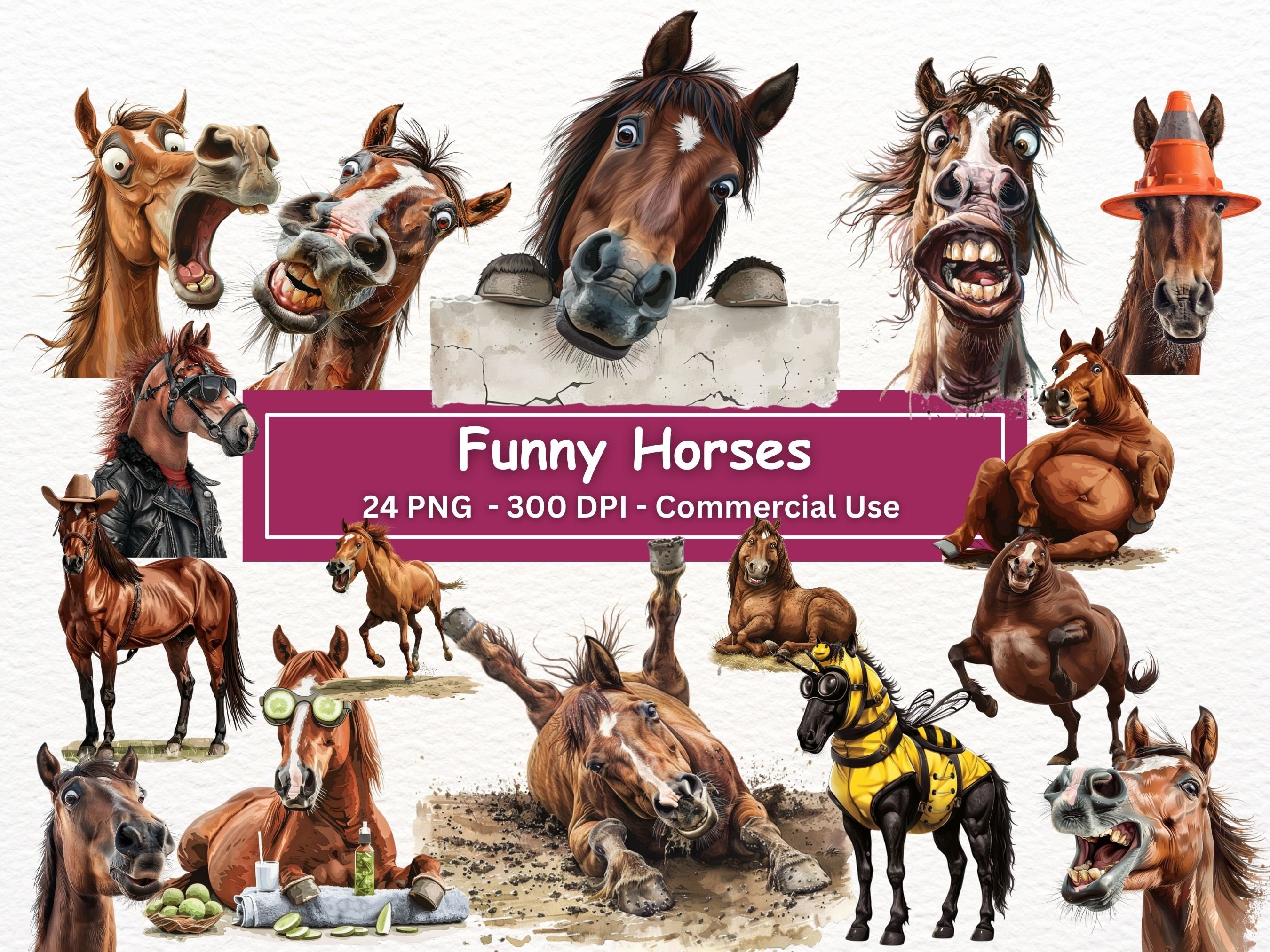 Funny Horse Clipart Bundle, 24 PNG Set, Transparent Background,Silly Quirky Horse Illustrations, Card Making,Sublimation,Digital Paper Craft