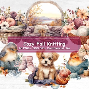 Aquarelle Cozy Fall Knitting Clipart Bundle, Ensemble de 48 PNG, Yarn Hobby Graphics Clip Art, Images au crochet, Paniers de fil floral, Oiseaux, Chats