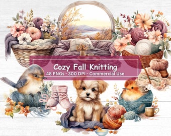 Op de afbeelding: Een knusse herfst-breiscene met een bruine en witte puppy, een blauwe vogel, een roodborstje, bollen garen, breinaalden en een mand met garen. De scène speelt zich af voor een raam met uitzicht op een meer en bergen.