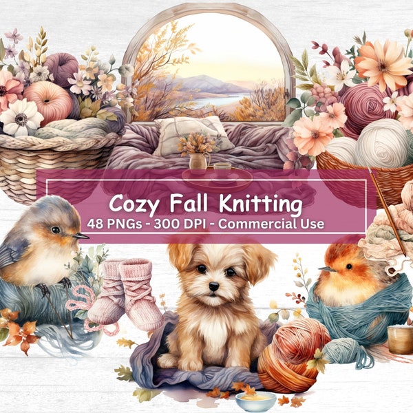 Watercolor Cozy Fall Knitting Clipart Bundle, Set of 48 PNGs, Yarn Hobby Graphics Clip Art, Crochet Images, Floral Yarn Baskets, Birds, Cats