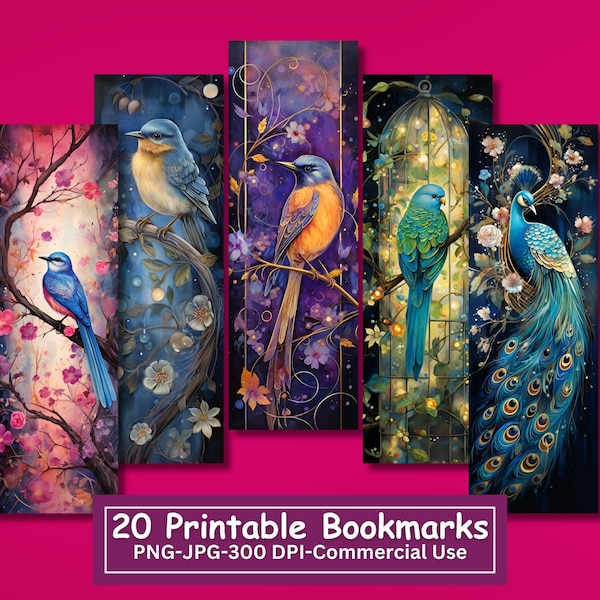 Fantasy Birds Printable Bookmarks Bundle, Set Of 20 PNG/JPG Floral Bird Bookmark Designs, Sublimate, Print and Cut, Commercial Use