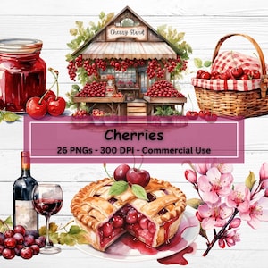 Pacote de clipart PNG de cerejas em aquarela, conjunto de 26 papéis de padrão sem emenda de bônus plus, clipart de cereja de frutas de culinária rústica, torta de cereja, torta