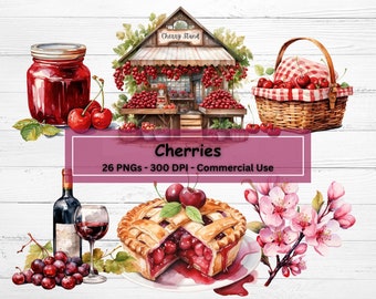 Watercolor Cherry Clipart Bundle: Rustic Fruit PNGs (Digital Download)
